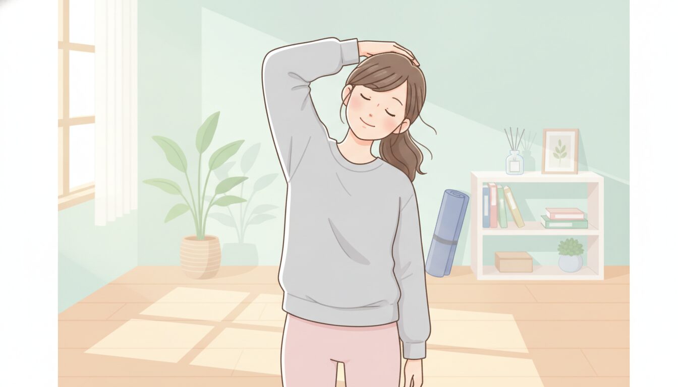 スマホ首をほぐすため首を伸ばすストレッチをする女性