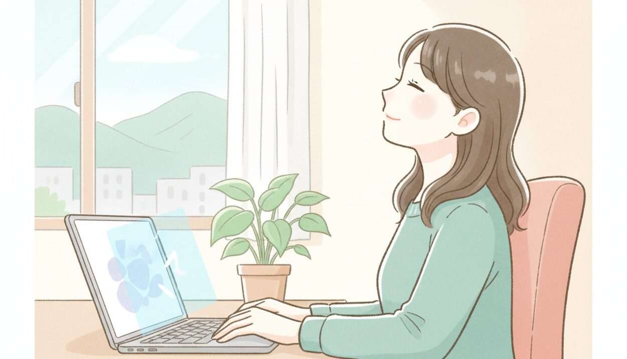 画面から目を離して遠くを見て目を休める女性