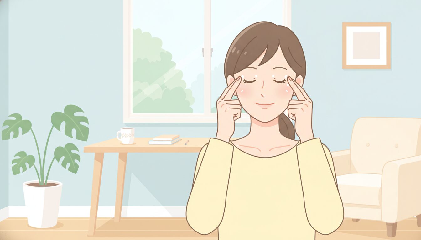 目のまわりのツボを指先で押してセルフケアする女性