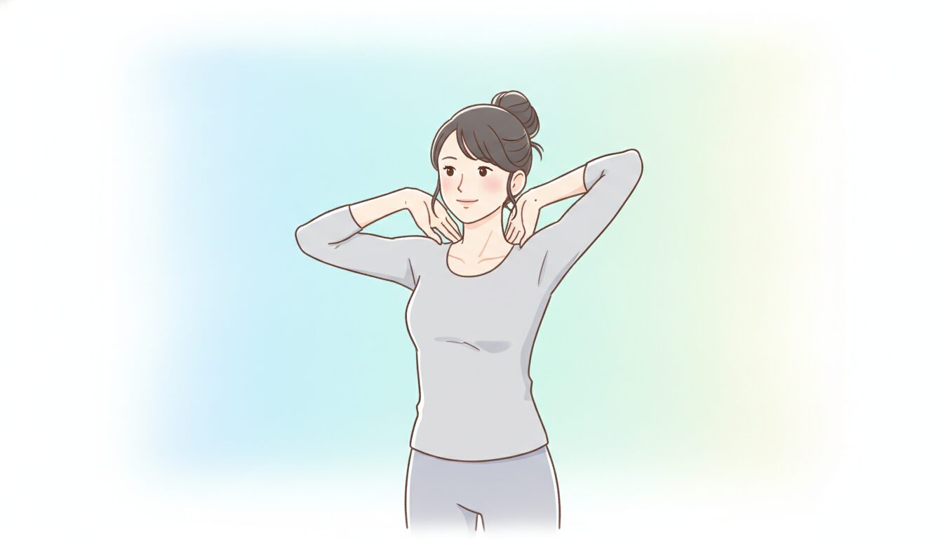 肩甲骨を寄せて肩まわりをストレッチする女性