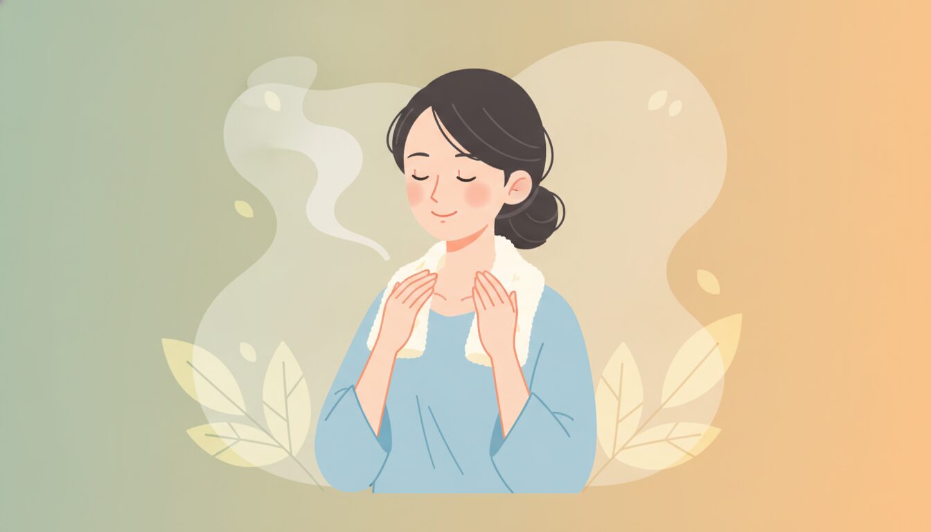 蒸しタオルで首や肩を温める女性