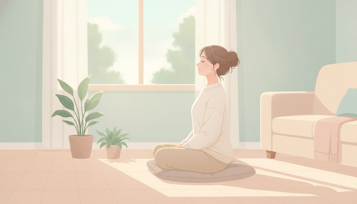明るいリビングでクッションに座り目を閉じてゆっくり深呼吸する女性