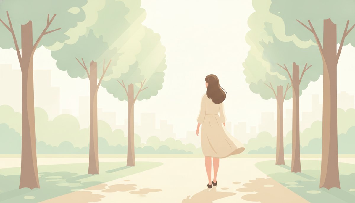 骨盤まわりの血流のために並木道をゆっくり散歩する女性