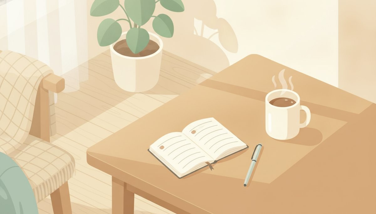 次の診察で聞くことを書き出したノートとペンとマグカップ
