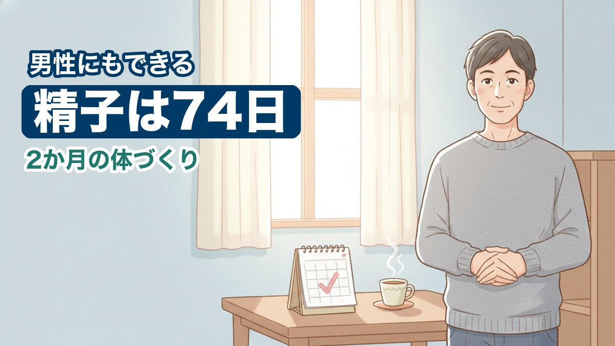 明るい部屋で穏やかに前を向く30代の男性。精子が入れ替わる約74日と2か月の体づくりのイメージ